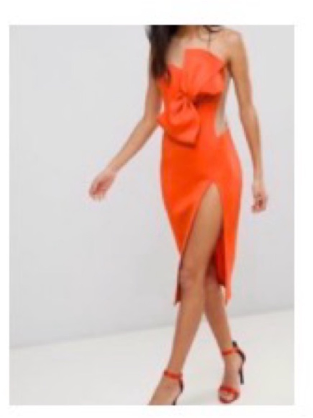Bold Orange Strapless Midi Dress with Bow & High Slit